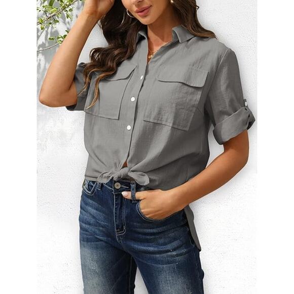 Short Sleeve Button Down Gray Blouse Roll Up Cuffed Collared Top with Pockets XL - Picture 3 of 5